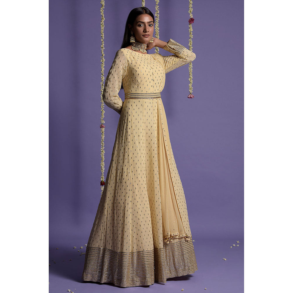 "Two Sisters" by Gyans Cream Embroidered Anarkali Kurta & Dupatta with Belt (Set of 3)