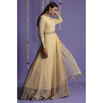 "Two Sisters" by Gyans Cream Embroidered Anarkali Kurta & Dupatta with Belt (Set of 3)