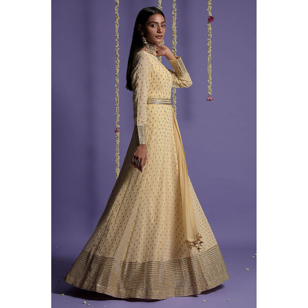 "Two Sisters" by Gyans Cream Embroidered Anarkali Kurta & Dupatta with Belt (Set of 3)