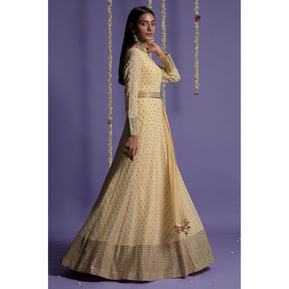 "Two Sisters" by Gyans Cream Embroidered Anarkali Kurta & Dupatta with Belt (Set of 3)