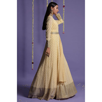 "Two Sisters" by Gyans Cream Embroidered Anarkali Kurta & Dupatta with Belt (Set of 3)