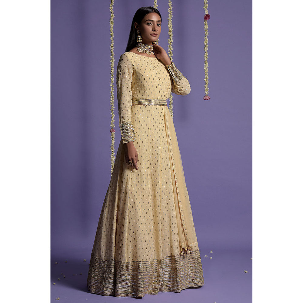 "Two Sisters" by Gyans Cream Embroidered Anarkali Kurta & Dupatta with Belt (Set of 3)