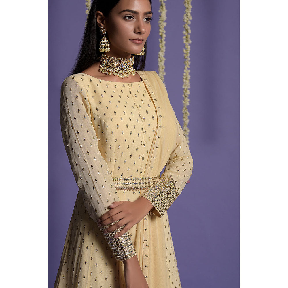 "Two Sisters" by Gyans Cream Embroidered Anarkali Kurta & Dupatta with Belt (Set of 3)