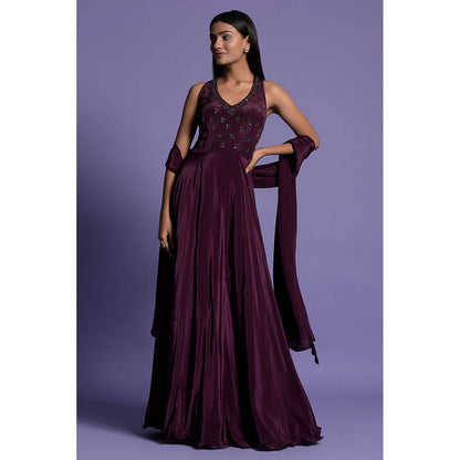 "Two Sisters" by Gyans Purple Embroidered Crepe Anarkali Kurta & Dupatta (Set of 2)