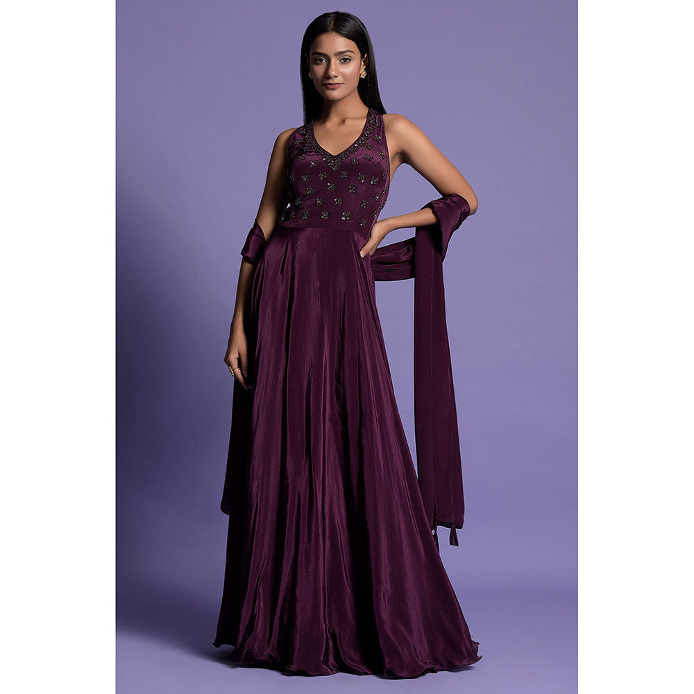 "Two Sisters" by Gyans Purple Embroidered Crepe Anarkali Kurta & Dupatta (Set of 2)