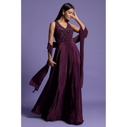 "Two Sisters" by Gyans Purple Embroidered Crepe Anarkali Kurta & Dupatta (Set of 2)