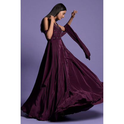 "Two Sisters" by Gyans Purple Embroidered Crepe Anarkali Kurta & Dupatta (Set of 2)