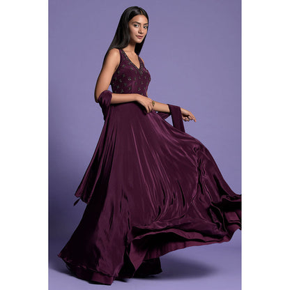 "Two Sisters" by Gyans Purple Embroidered Crepe Anarkali Kurta & Dupatta (Set of 2)