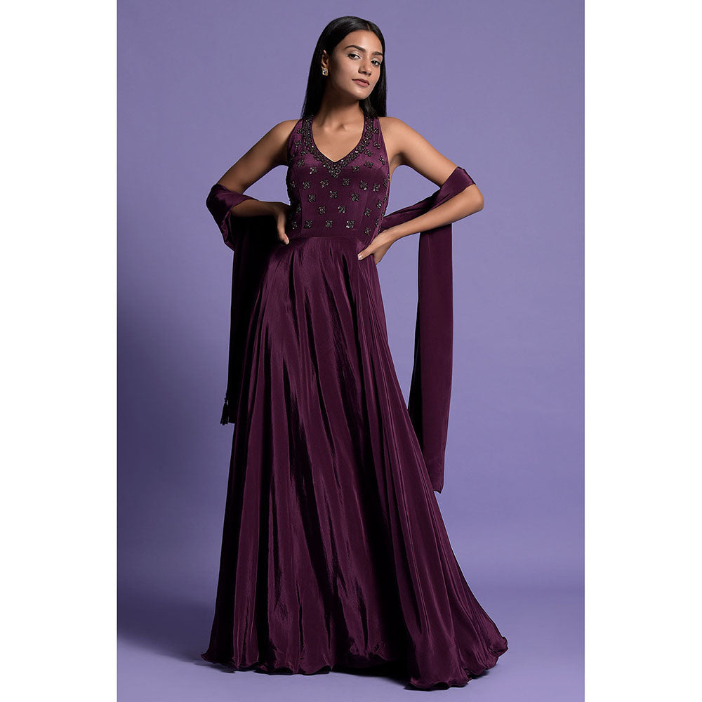 "Two Sisters" by Gyans Purple Embroidered Crepe Anarkali Kurta & Dupatta (Set of 2)