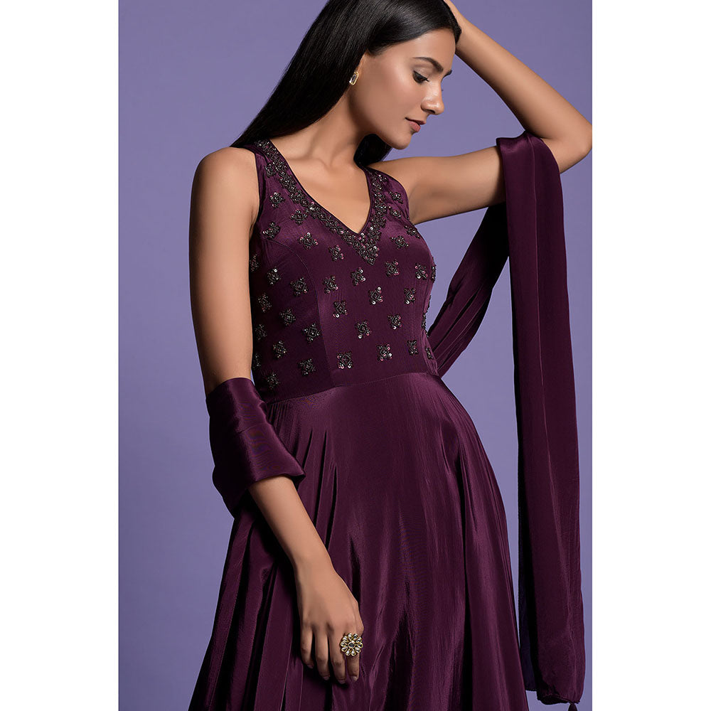 "Two Sisters" by Gyans Purple Embroidered Crepe Anarkali Kurta & Dupatta (Set of 2)