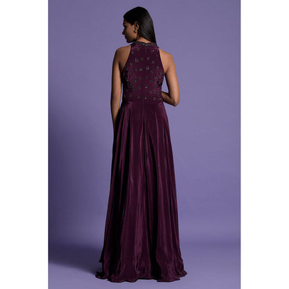 "Two Sisters" by Gyans Purple Embroidered Crepe Anarkali Kurta & Dupatta (Set of 2)