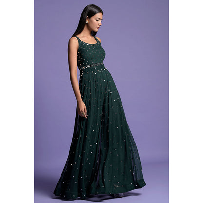 "Two Sisters" by Gyans Bottle Green Mirror Embroidered Jumpsuit