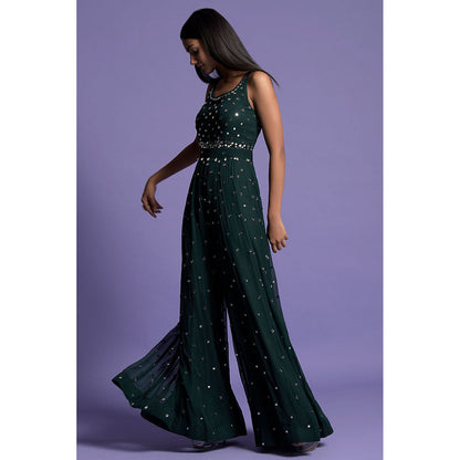 "Two Sisters" by Gyans Bottle Green Mirror Embroidered Jumpsuit