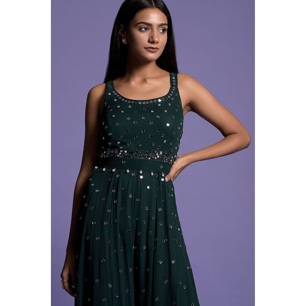 "Two Sisters" by Gyans Bottle Green Mirror Embroidered Jumpsuit