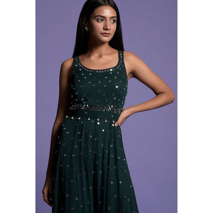 "Two Sisters" by Gyans Bottle Green Mirror Embroidered Jumpsuit