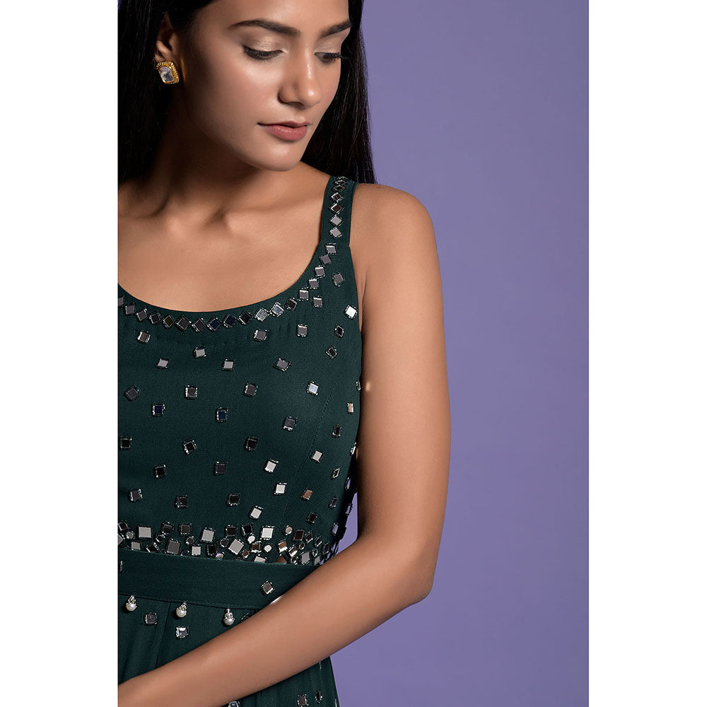 "Two Sisters" by Gyans Bottle Green Mirror Embroidered Jumpsuit