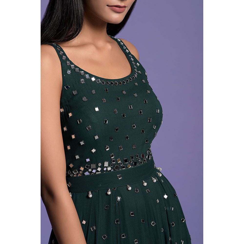 "Two Sisters" by Gyans Bottle Green Mirror Embroidered Jumpsuit