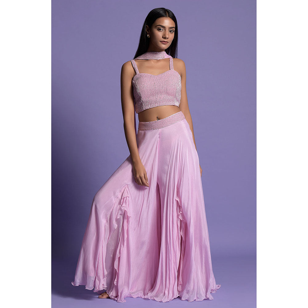 "Two Sisters" by Gyans Pink Flowing Blouse with Sharara & Dupatta (Set of 3)