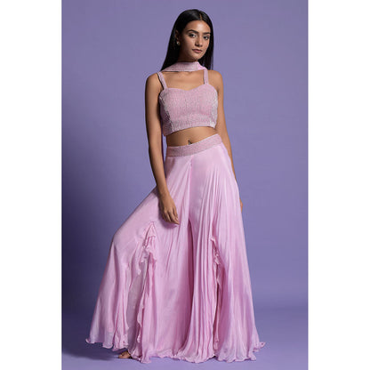 "Two Sisters" by Gyans Pink Flowing Blouse with Sharara & Dupatta (Set of 3)