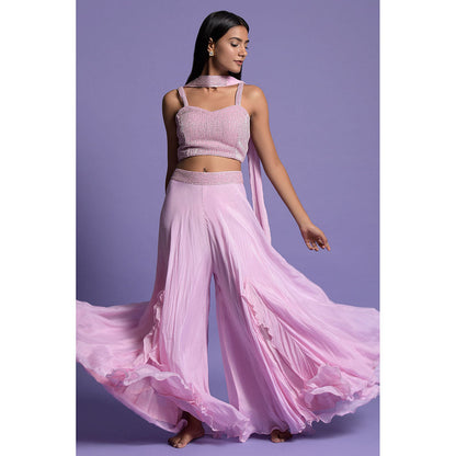 "Two Sisters" by Gyans Pink Flowing Blouse with Sharara & Dupatta (Set of 3)