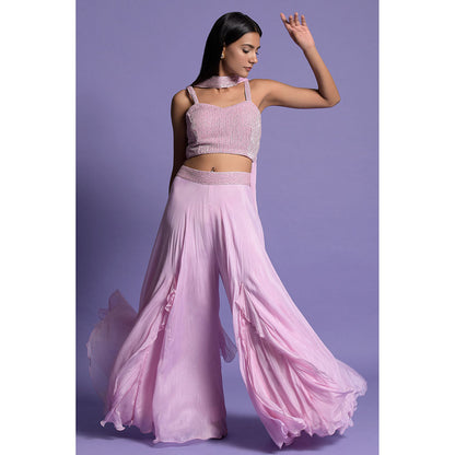 "Two Sisters" by Gyans Pink Flowing Blouse with Sharara & Dupatta (Set of 3)