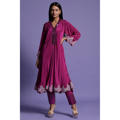 "Two Sisters" by Gyans Wine Crepe Anarkali Kurta & Pant (Set of 2)