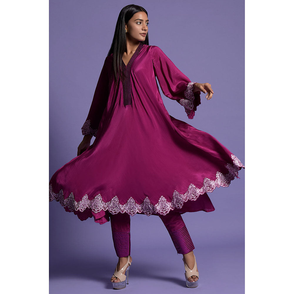 "Two Sisters" by Gyans Wine Crepe Anarkali Kurta & Pant (Set of 2)