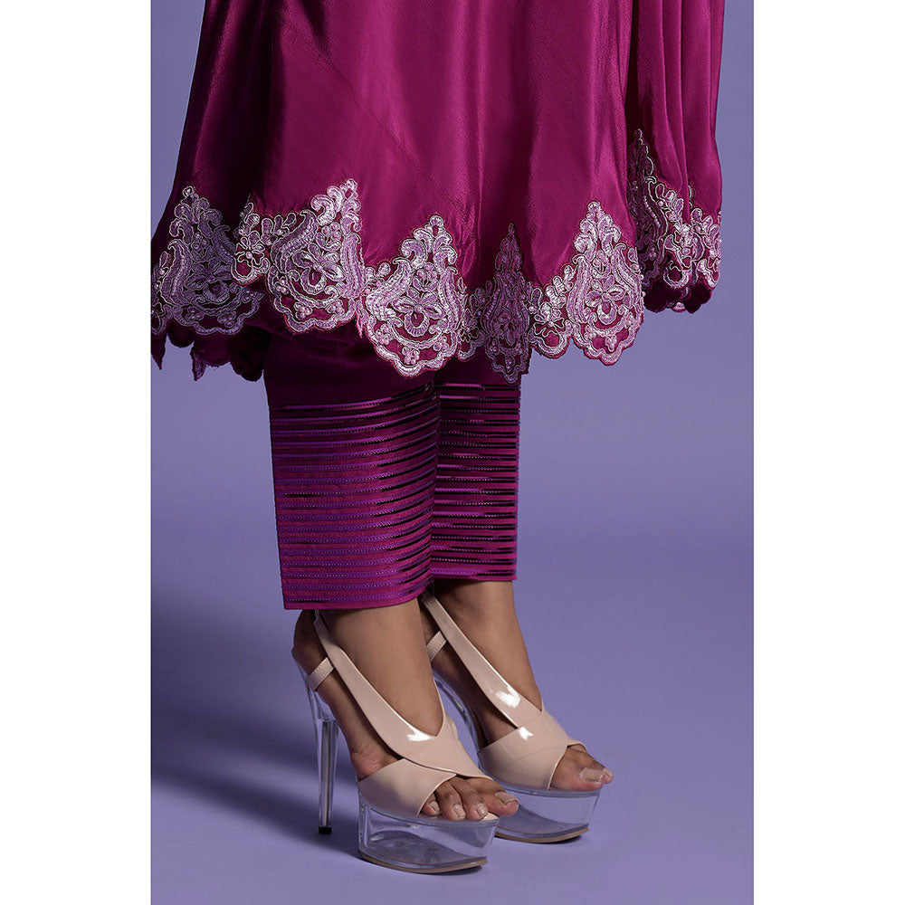 "Two Sisters" by Gyans Wine Crepe Anarkali Kurta & Pant (Set of 2)