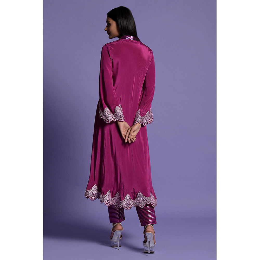 "Two Sisters" by Gyans Wine Crepe Anarkali Kurta & Pant (Set of 2)