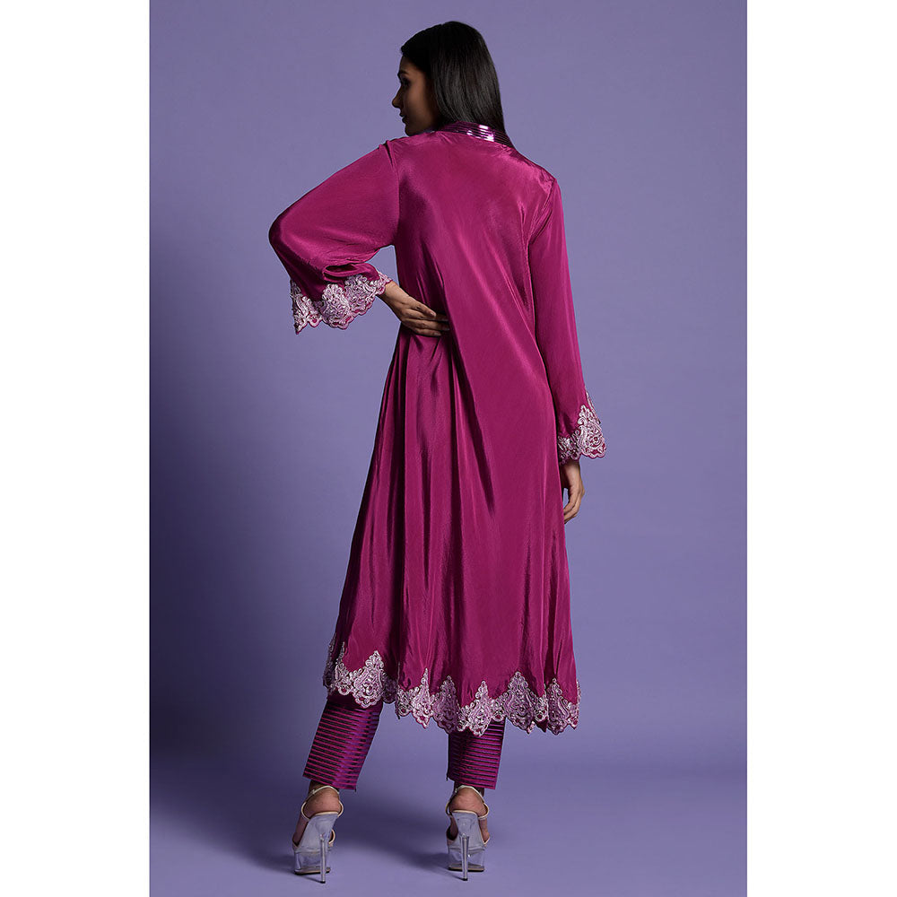 "Two Sisters" by Gyans Wine Crepe Anarkali Kurta & Pant (Set of 2)