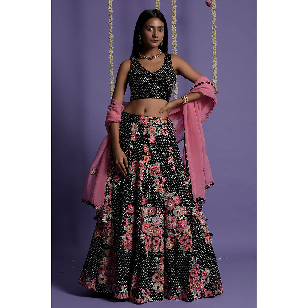 "Two Sisters" by Gyans Black Georgette Embroidered Blouse & Lehenga with Dupatta (Set of 3)