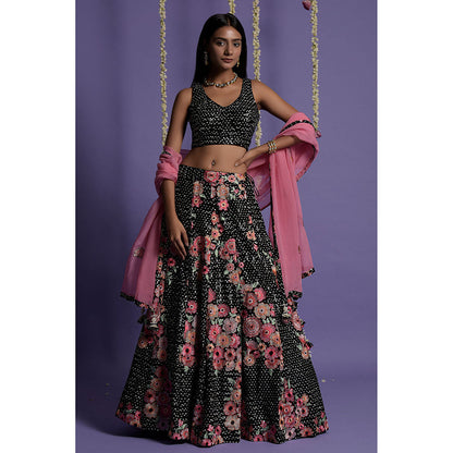 "Two Sisters" by Gyans Black Georgette Embroidered Blouse & Lehenga with Dupatta (Set of 3)