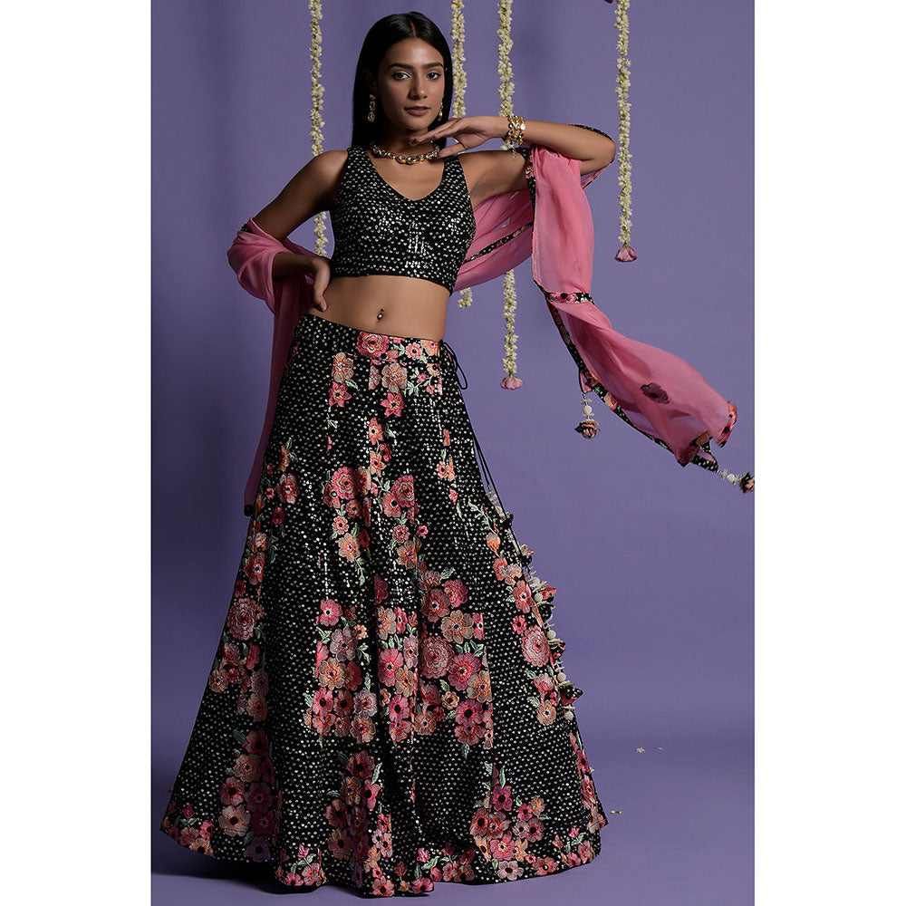"Two Sisters" by Gyans Black Georgette Embroidered Blouse & Lehenga with Dupatta (Set of 3)