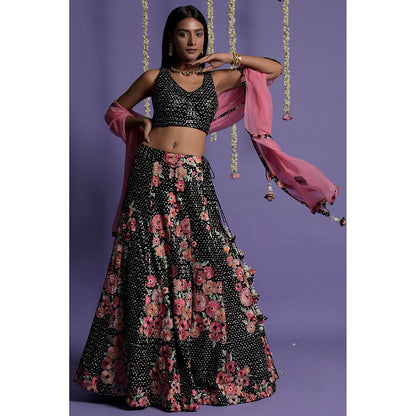 "Two Sisters" by Gyans Black Georgette Embroidered Blouse & Lehenga with Dupatta (Set of 3)