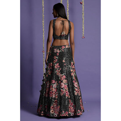 "Two Sisters" by Gyans Black Georgette Embroidered Blouse & Lehenga with Dupatta (Set of 3)