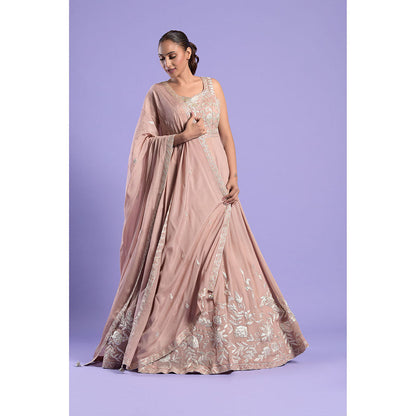 "Two Sisters" by Gyans Nude Pink Embellished Silk Anarkali Kurta & Dupatta (Set of 2)