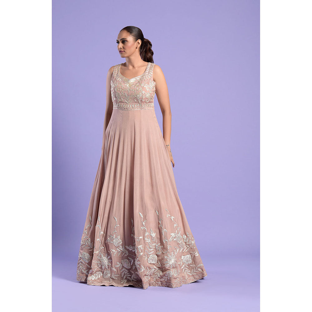 "Two Sisters" by Gyans Nude Pink Embellished Silk Anarkali Kurta & Dupatta (Set of 2)