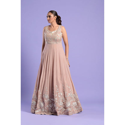 "Two Sisters" by Gyans Nude Pink Embellished Silk Anarkali Kurta & Dupatta (Set of 2)