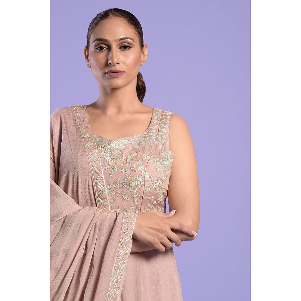 "Two Sisters" by Gyans Nude Pink Embellished Silk Anarkali Kurta & Dupatta (Set of 2)