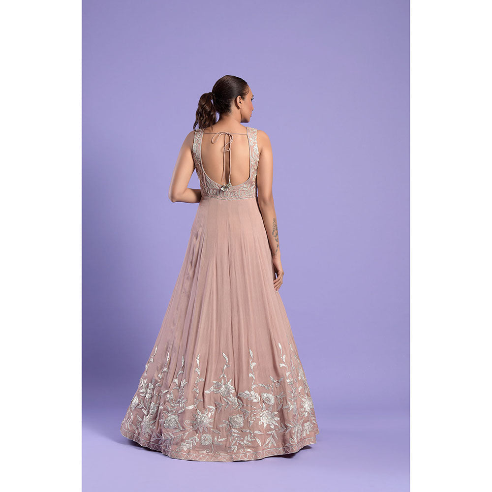 "Two Sisters" by Gyans Nude Pink Embellished Silk Anarkali Kurta & Dupatta (Set of 2)