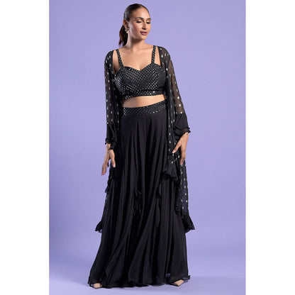 "Two Sisters" by Gyans Black Georgette Embellished Cape with Bustier & Palazzo (Set of 3)