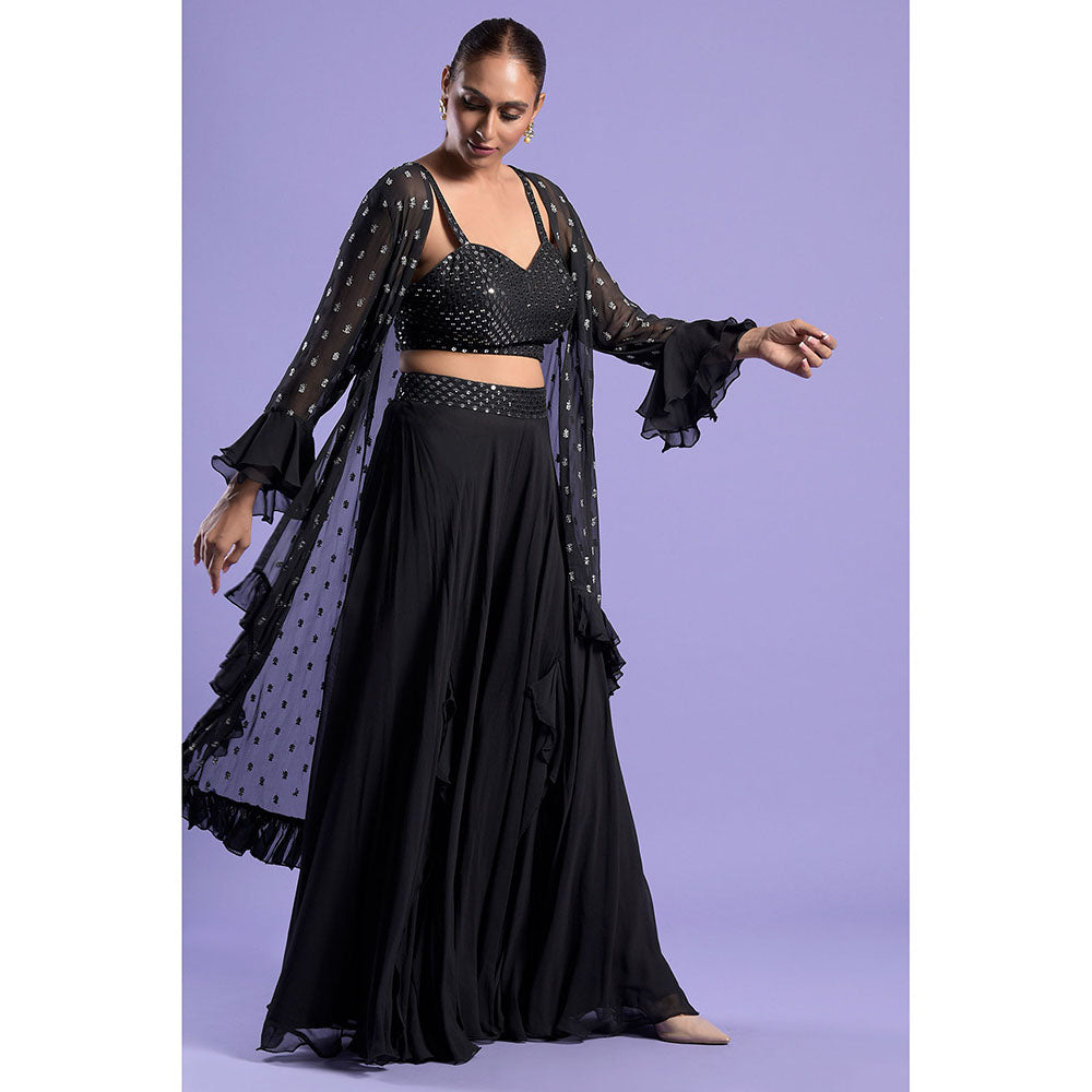 "Two Sisters" by Gyans Black Georgette Embellished Cape with Bustier & Palazzo (Set of 3)