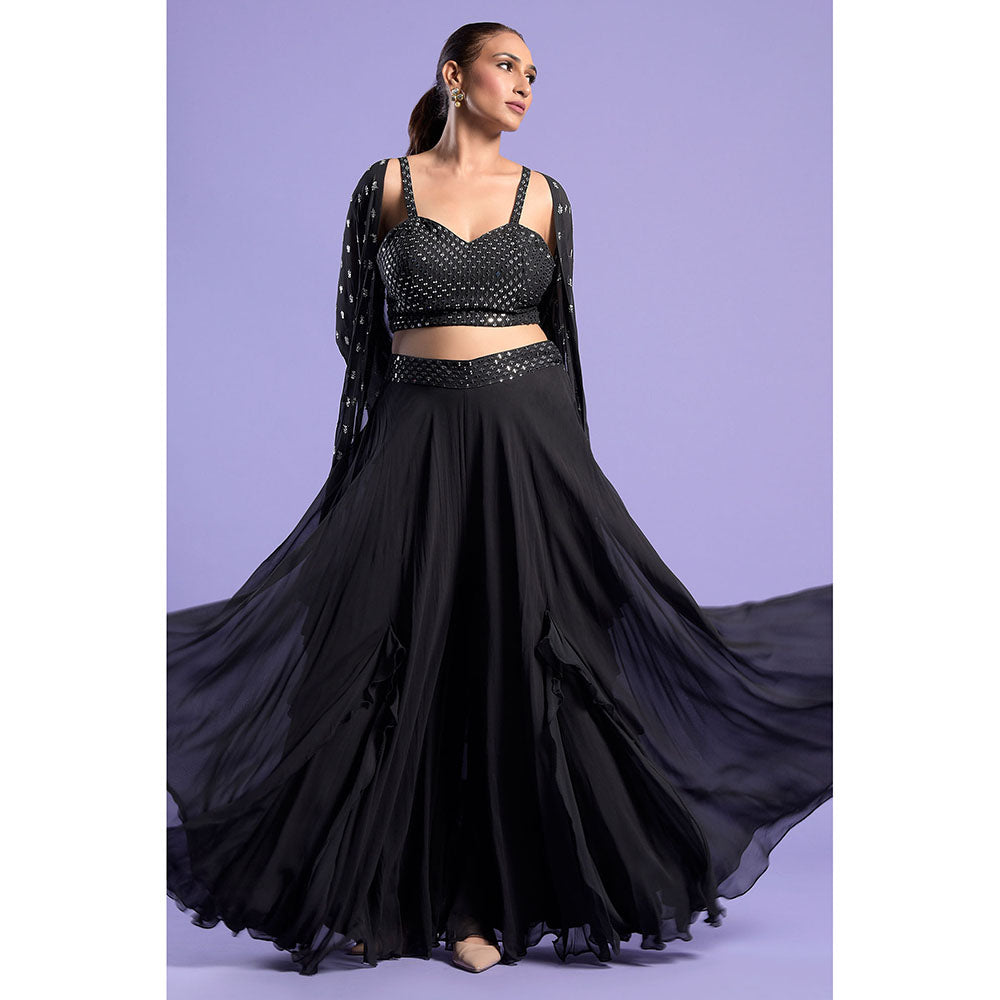 "Two Sisters" by Gyans Black Georgette Embellished Cape with Bustier & Palazzo (Set of 3)
