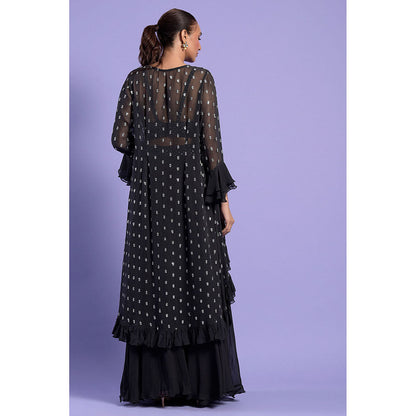 "Two Sisters" by Gyans Black Georgette Embellished Cape with Bustier & Palazzo (Set of 3)