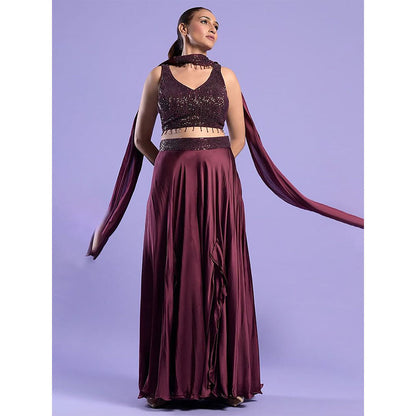 "Two Sisters" by Gyans Wine Embellished Satin Blouse with Sharara & Dupatta (Set of 3)