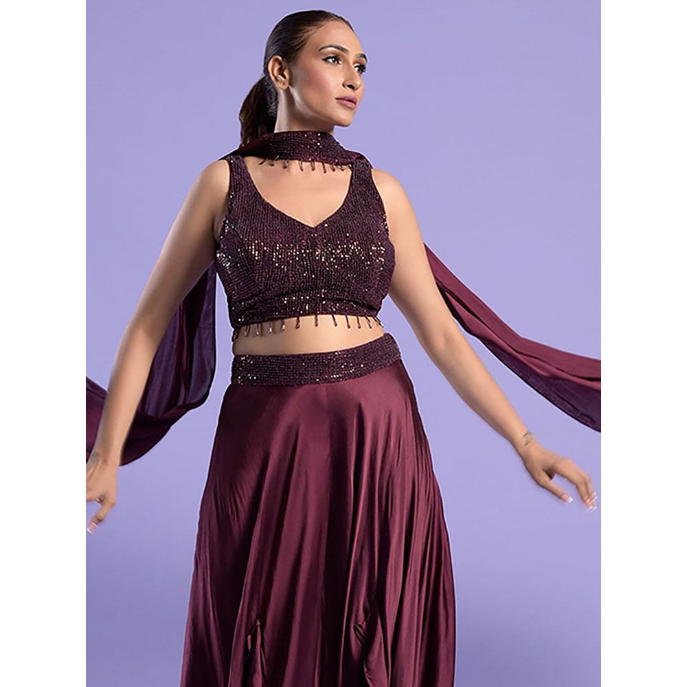 "Two Sisters" by Gyans Wine Embellished Satin Blouse with Sharara & Dupatta (Set of 3)