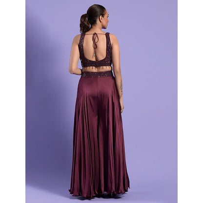 "Two Sisters" by Gyans Wine Embellished Satin Blouse with Sharara & Dupatta (Set of 3)