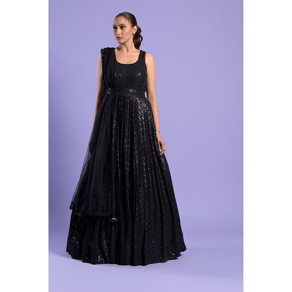 "Two Sisters" by Gyans Black Embellished Anarkali Kurta & Dupatta with Belt (Set of 3)