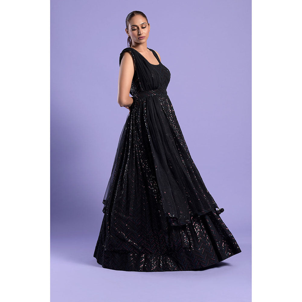 "Two Sisters" by Gyans Black Embellished Anarkali Kurta & Dupatta with Belt (Set of 3)