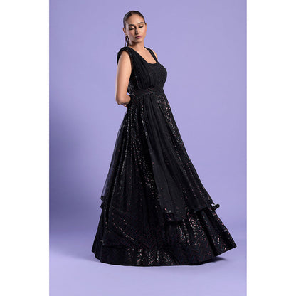 "Two Sisters" by Gyans Black Embellished Anarkali Kurta & Dupatta with Belt (Set of 3)